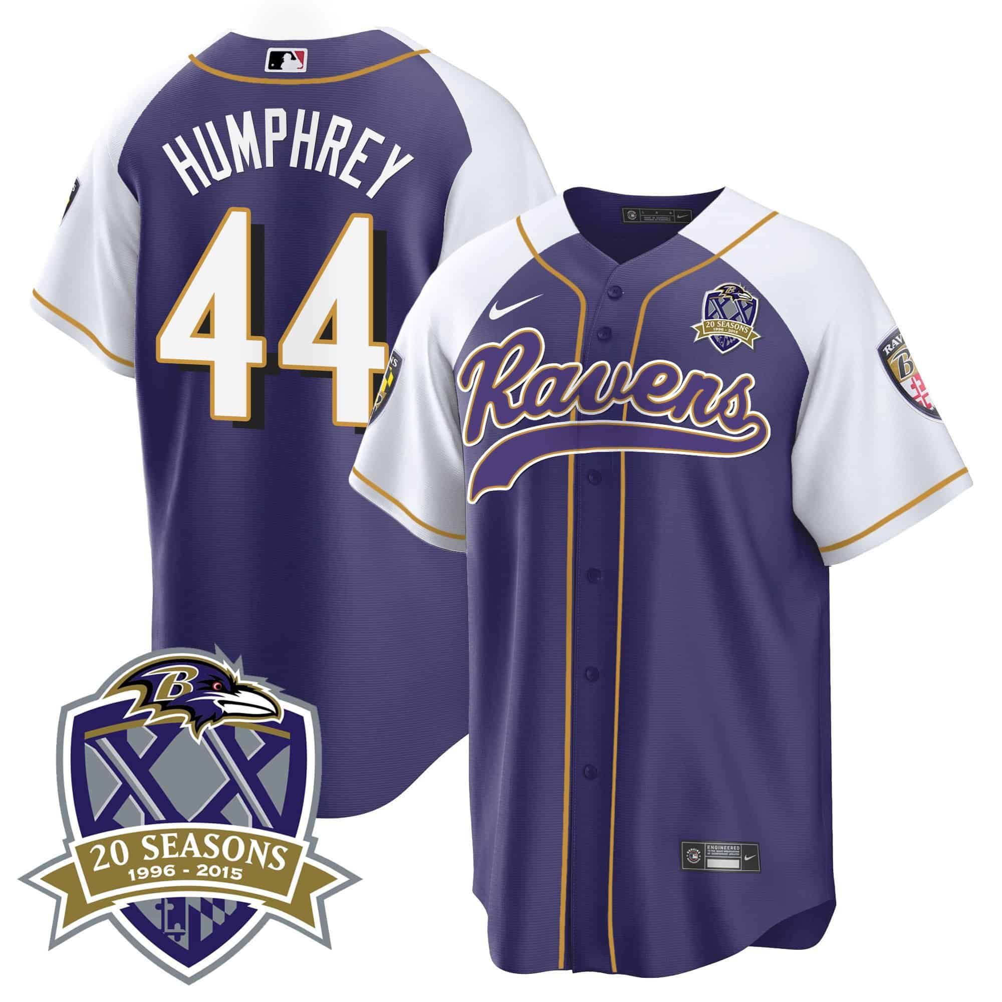 Men Baltimore Ravens 44 Humphrey Purple 2024 Nike 20th Season Patch Baseball NFL Jersey
